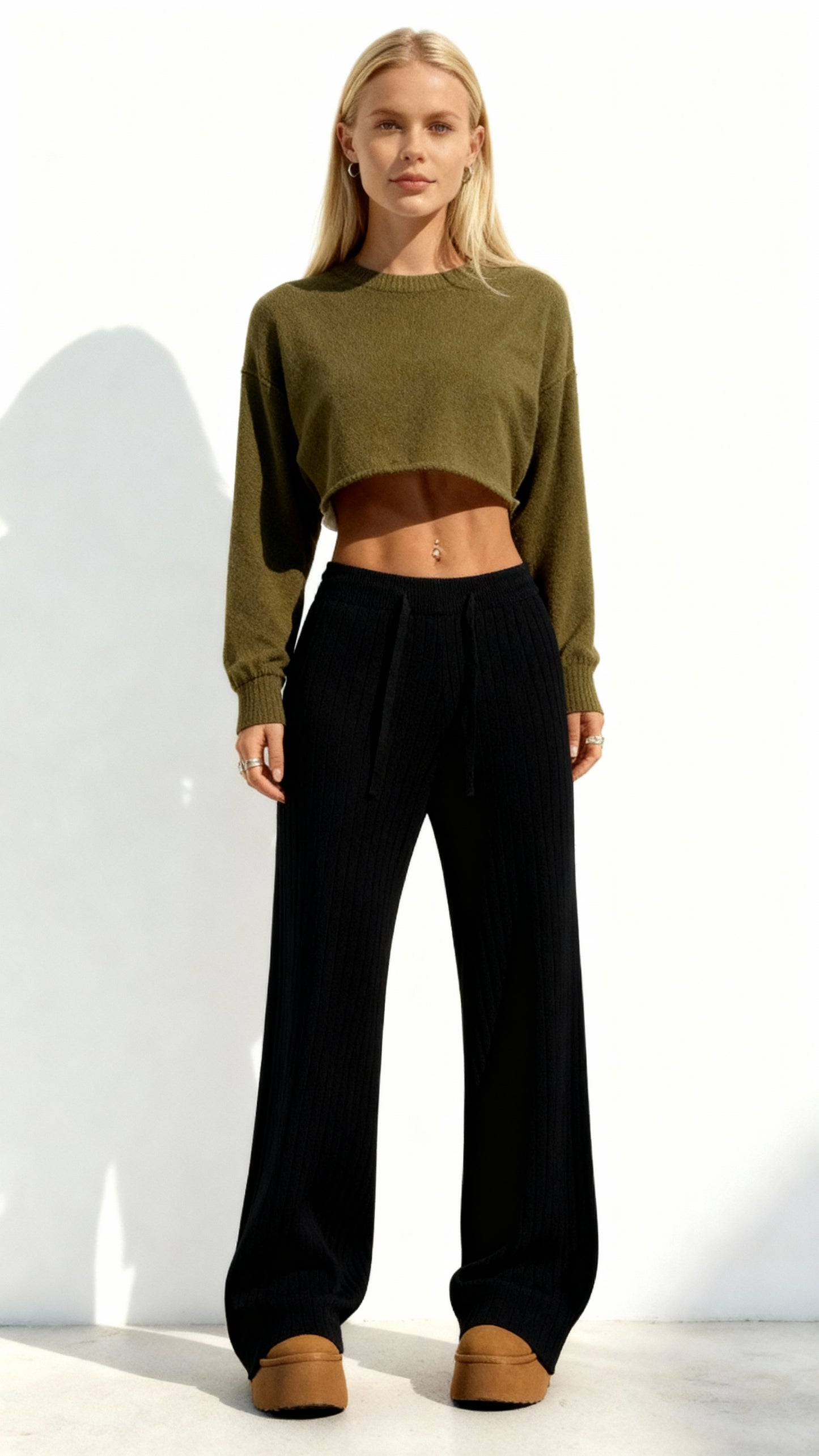 Calças femininas de malha com cintura alta elástica e pernas largas 55