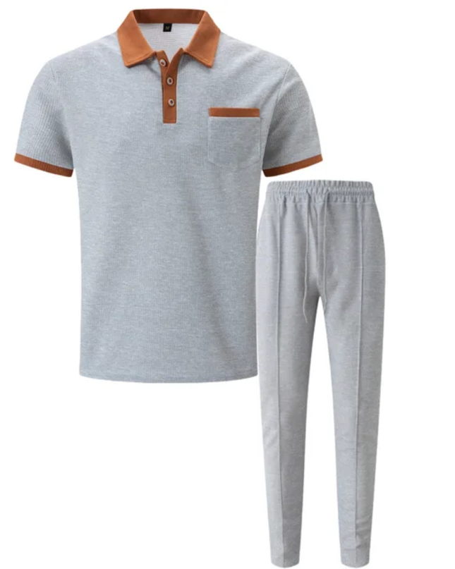 Men's Breathable Polo Shirt & Long Pants Set – Waffle Collar Edition