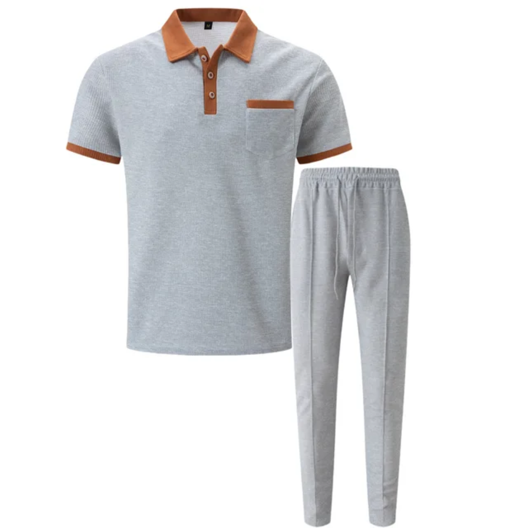 Men's Breathable Polo Shirt &amp; Long Pants Set – Waffle Collar Edition