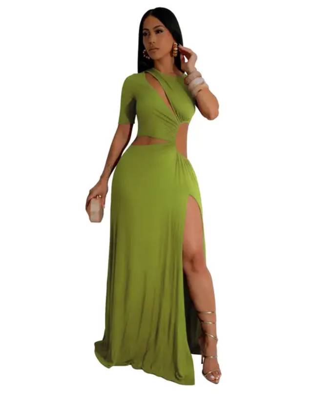 Vestido feminino justo, sexy, de manga curta, com recorte e fenda longa maxi 490
