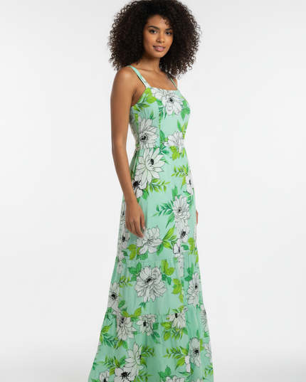 Vestido Longo Feminino Elegante com Cintura Ajustada Estampa floral 536