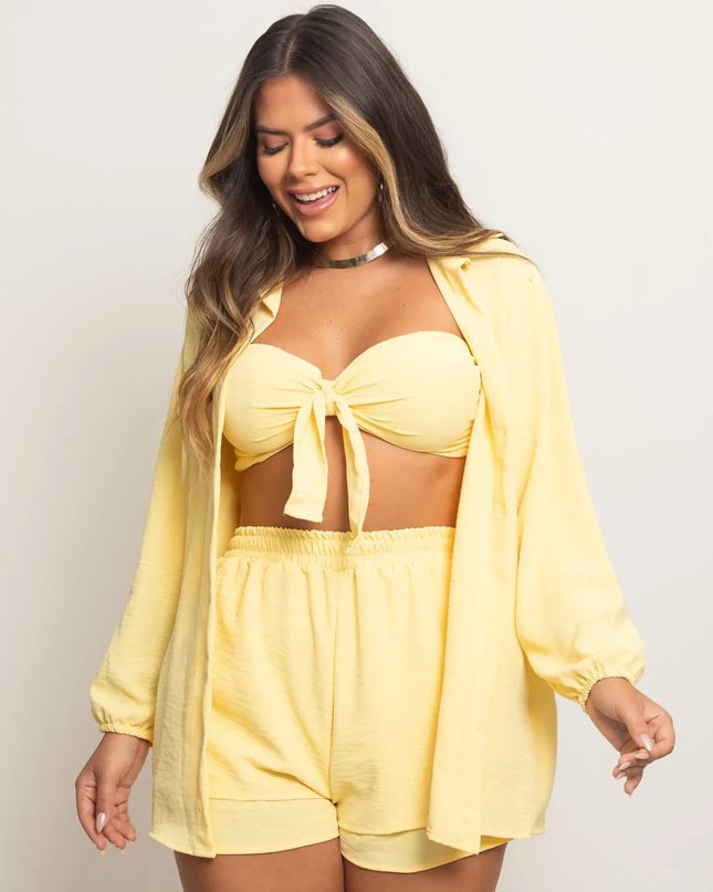 Conjunto Feminino em Duna 3 Peças , Camisa, Top e Shorts 299