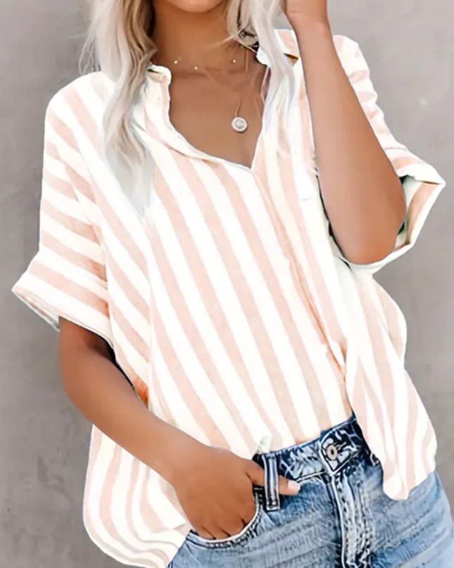 Blusa casual soltaabaloe com mangas tipo morcego, de manga curta e listrada, de abotoamento único 120