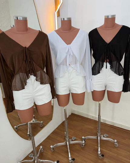 Top curto com babados e mangas bufantes blusa 26