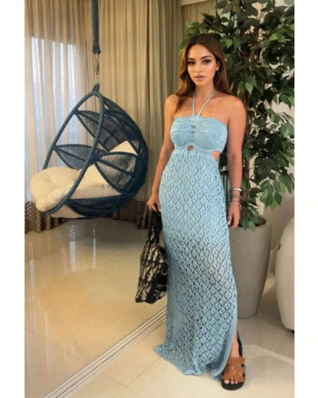 Vestido Longo Em Tricot Rendado Alça com forro Elegante 445