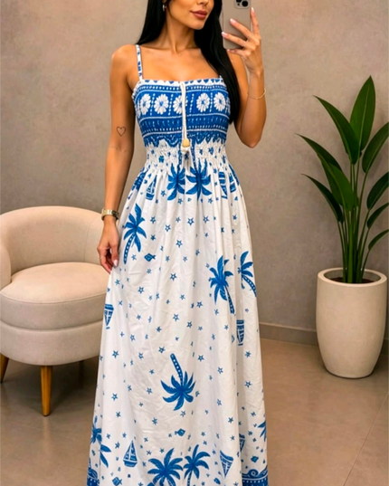 Vestido Longo Feminina  Estampa total  Plantas  Folha    Franzido  Nó  Bainha com babado    Férias  Casamento 558