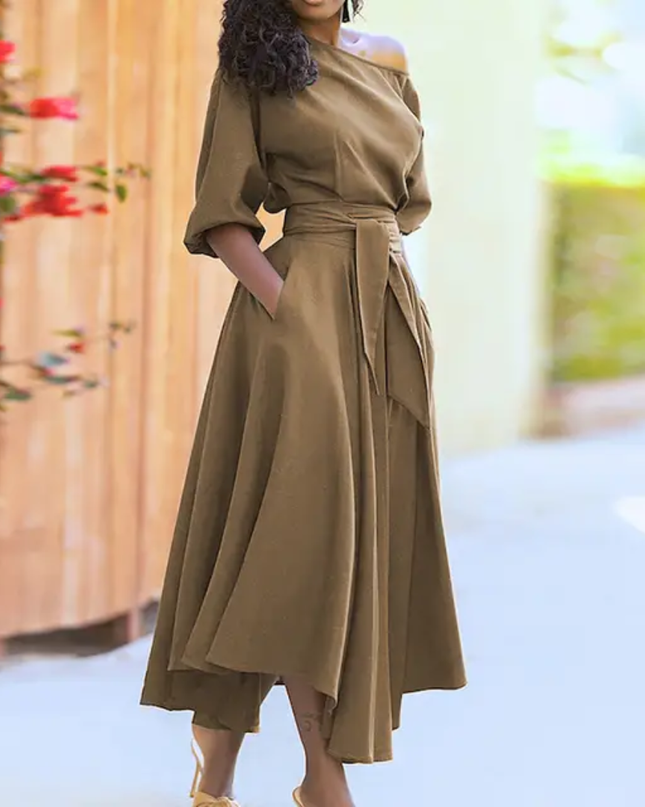 Vestido Longo Amplo Sobressalente com Cinto Vestido Elegante com Bolsos, Ombros à Mostra, Bainha Irregular 205