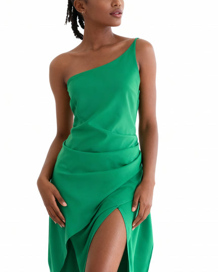 Vestido elegante slim fit com fenda alta e ombros oblíquos 60