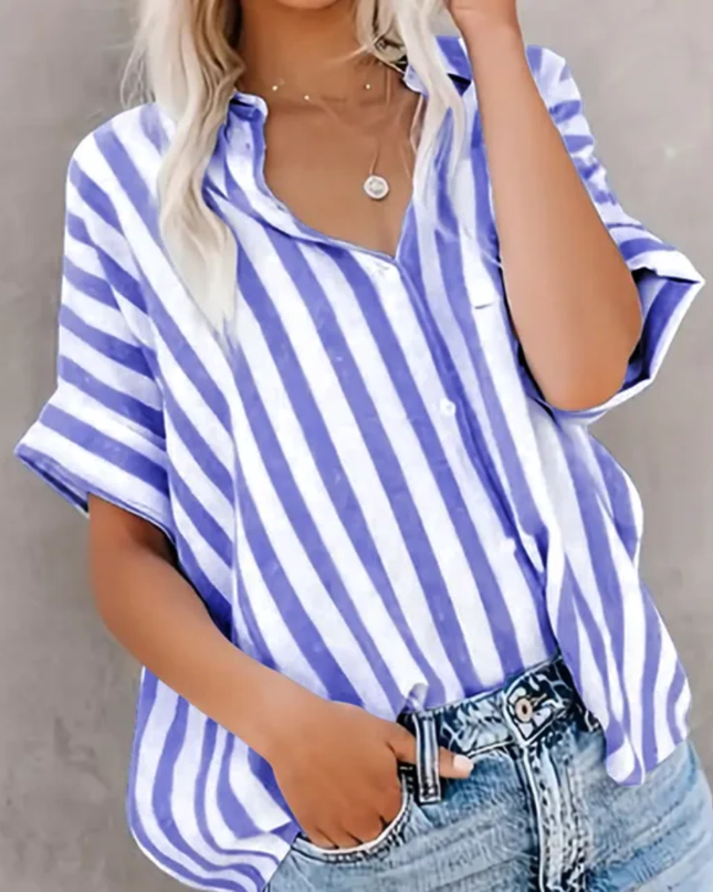 Blusa casual soltaabaloe com mangas tipo morcego, de manga curta e listrada, de abotoamento único 120