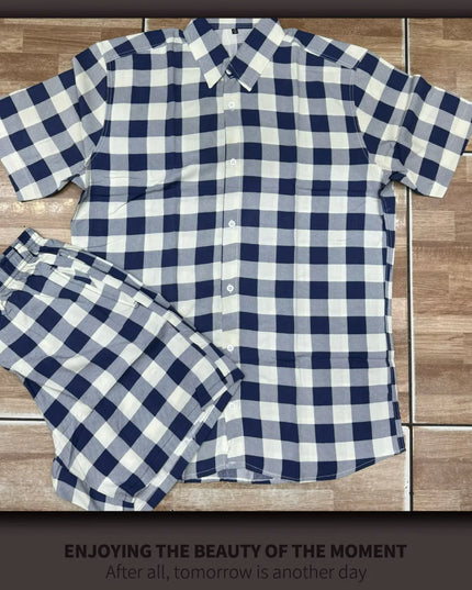 Conjunto de Cardigã Xadrez Retrô de Cavalheiro Camisa Shorts para Homens 468