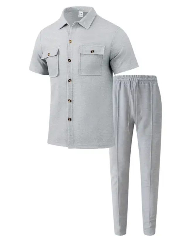 Conjunto Masculino Verão — Camisa Manga Curta com Botões + Calça com Bolsos
