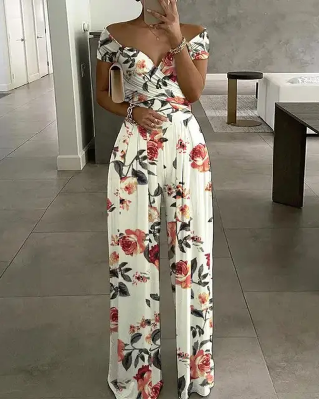 Macacão Floral com Decote em V para Mulheres, com Bolsos, Caimento Relaxado, Adequado 193