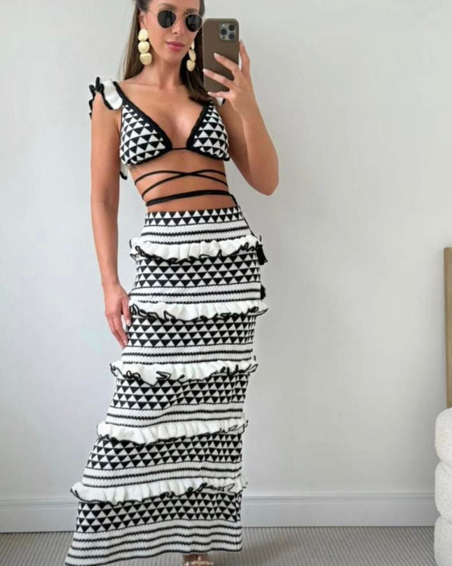 Conjunto Midi Tricot Listrado Lunii Elegante Malha Verão Moda Praia 260