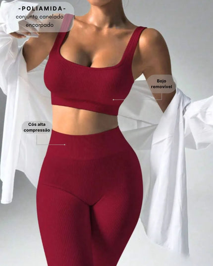 conjunto fitness em poliamida encorpada canelada- top e legging- alta compressão 338