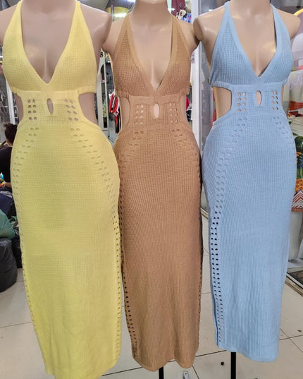 Vestido Midi Aberto Na Costas Com Amarração no pescoço Bordado Moda Feminina 446