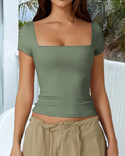 Camiseta Cropped Slim-Fit de Gola Quadrada e Tricô Sólido para Mulheres 173