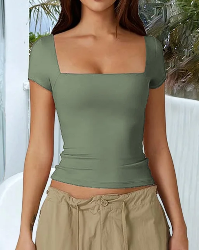 Camiseta Cropped Slim-Fit de Gola Quadrada e Tricô Sólido para Mulheres 173