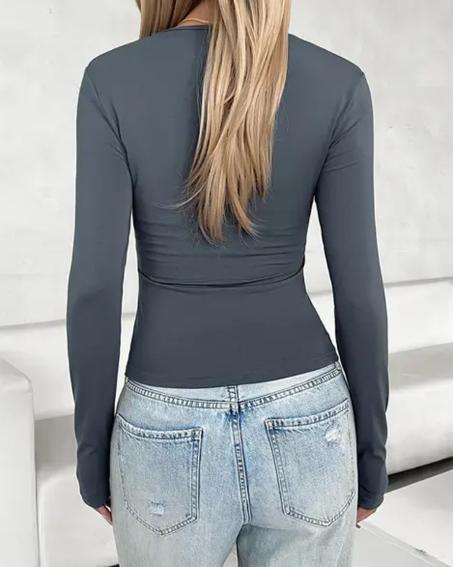 Camiseta Slim Fit de Manga Longa com Decote em V de Cor Sólida Casual 167