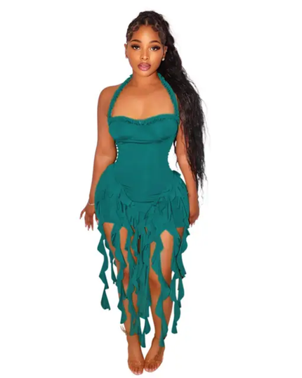 Vestido Mini Bodycon Sexy de Festa, Roupas de Aniversário, Babados Retalhos Halter 505