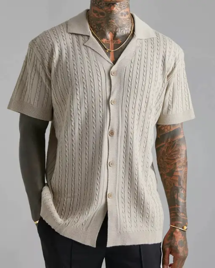 Homem Meia-Noite Camisa Casual Masculina de Manga Curta Cor Sólida, Verão, Camisa de Praia Branca com Botões e Textura Masculina 592