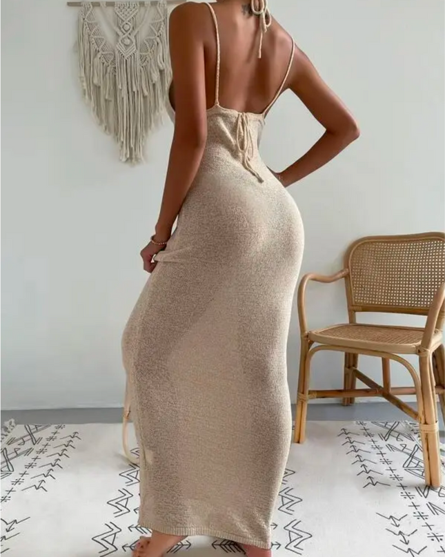 Hollow lace hanging neck strap knitted backless bikini dress