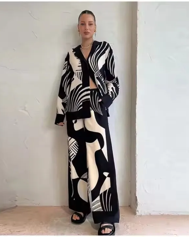 Conjunto de Camisa e Calça Feminino Casual e Elegante com Blocos de Cor, Impressão Geométrica Vintage, Decote V, Manga Longa 194