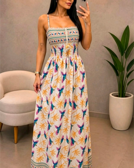 Vestido Longo Feminina  Estampa total  Plantas  Folha    Franzido  Nó  Bainha com babado    Férias  Casamento 558