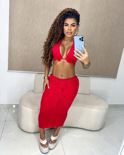 Conjunto Feminino vermelho 2 peças top em decote com amarração sensual + saia longa 480