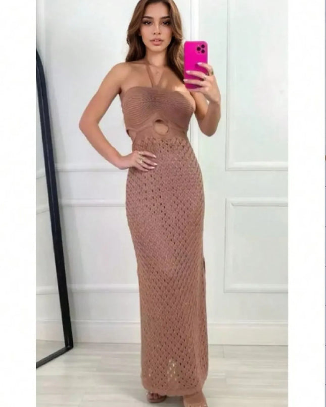 Vestido Longo Em Tricot Rendado Alça com forro Elegante 445