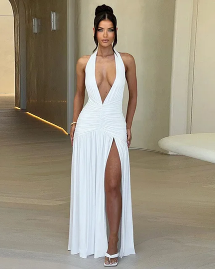 Vestido Longo Elegante de Decote em V com Halter, Vestido com Fenda Sexy, Pregueado e Costas Abertas 302