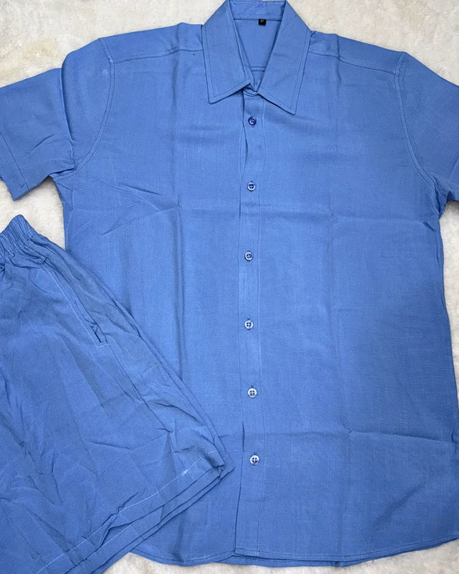 Conjunto masculino de lisa de algodão e manga curta com botões, shorts de praia e verão 473