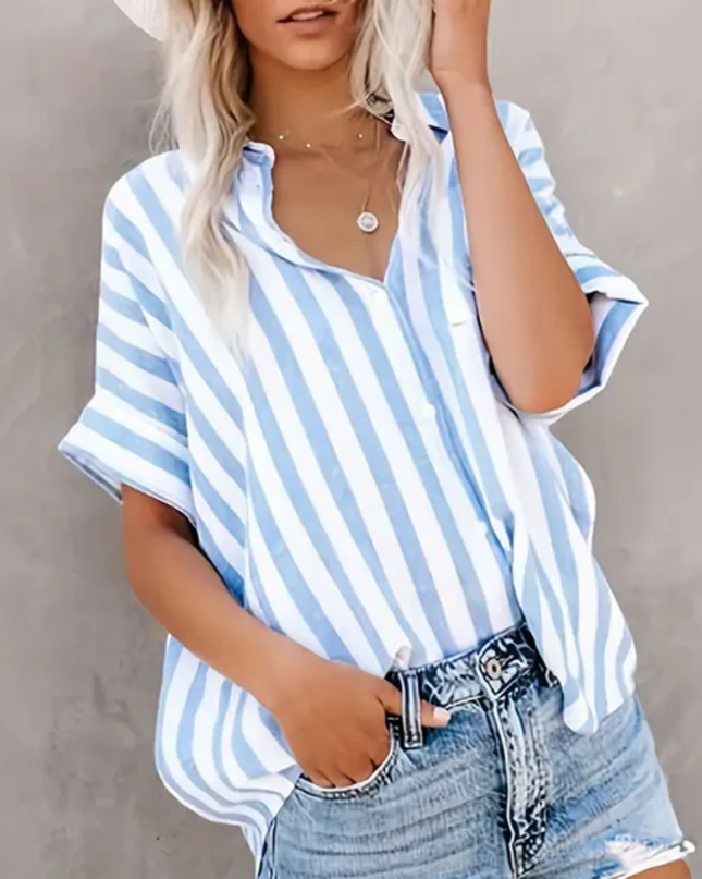 Blusa casual soltaabaloe com mangas tipo morcego, de manga curta e listrada, de abotoamento único 120