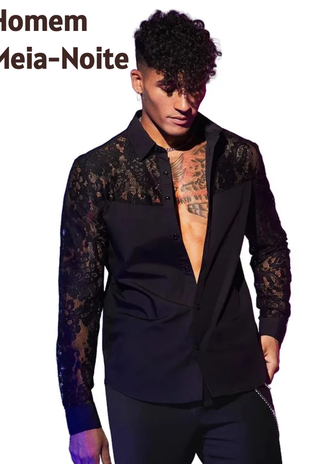 Homem Meia-Noite Camisa de Botão com Renda Contrastante de Algodão para Homens, Outono, Itens para Casais 607