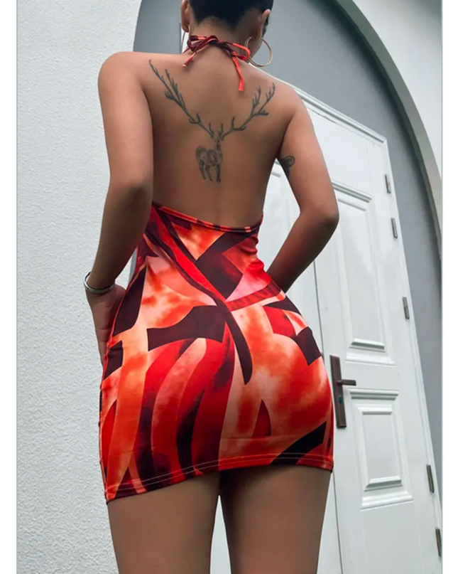 Print slim fit hanging neck tie backless dress