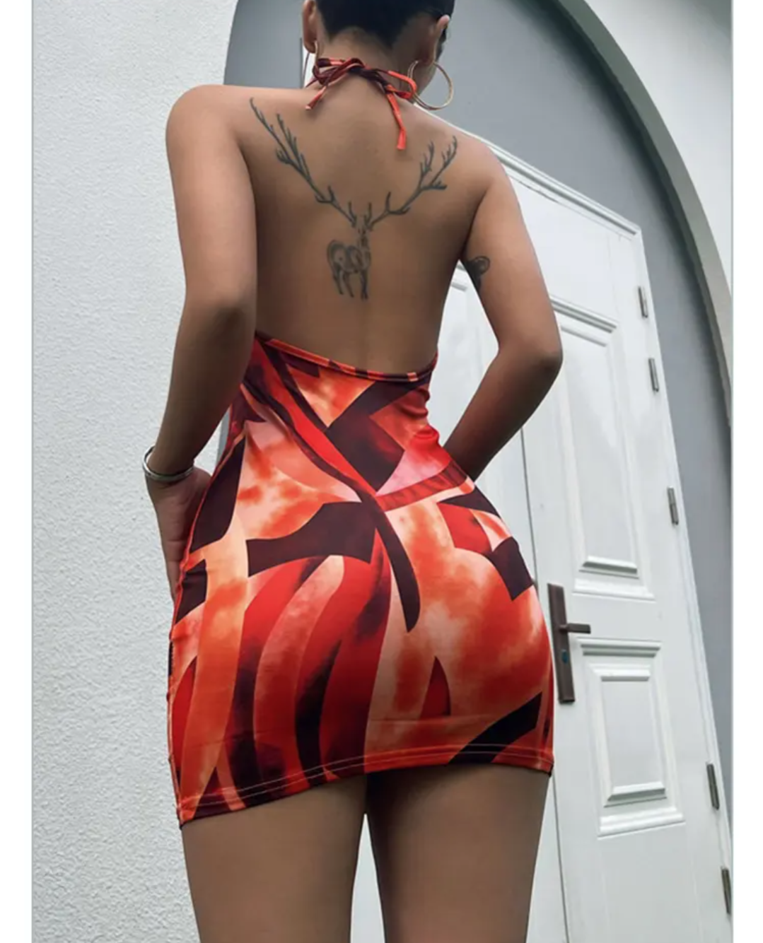 Print slim fit hanging neck tie backless dress