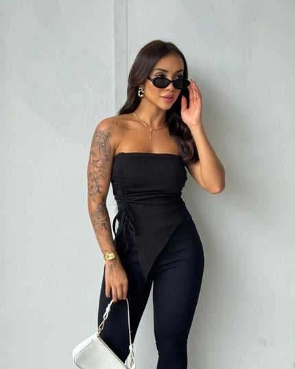 Conjunto cibelly calça canelada blusinha ponta de lado ajustavel 88