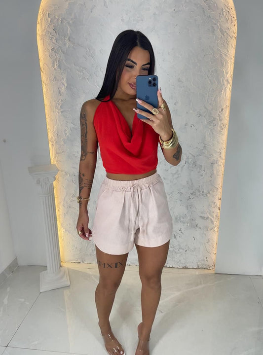 Top de Verão Estilo Retro Y2K, Cropped com Decote Halter, Costas Abertas, Pregueada, Drapeada 335