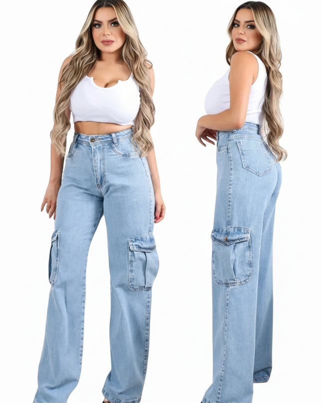 Calça Jeans Feminina Wide Leg Cargo Cintura com Bolsos Lavagem Clara Gringa Moda Street 457