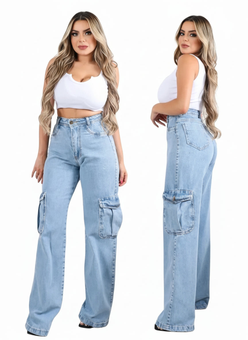 Calça Jeans Feminina Wide Leg Cargo Cintura com Bolsos Lavagem Clara Gringa Moda Street 457