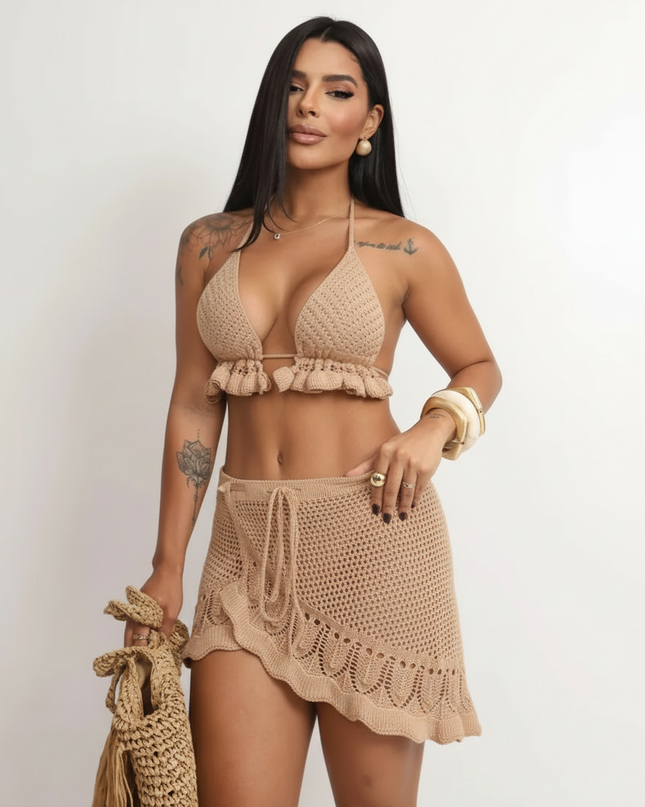 Swim 2 Peças Conjunto de Maiô Bikini Sexy Mulheres Verão Crochê Vazado com Cobertura 340