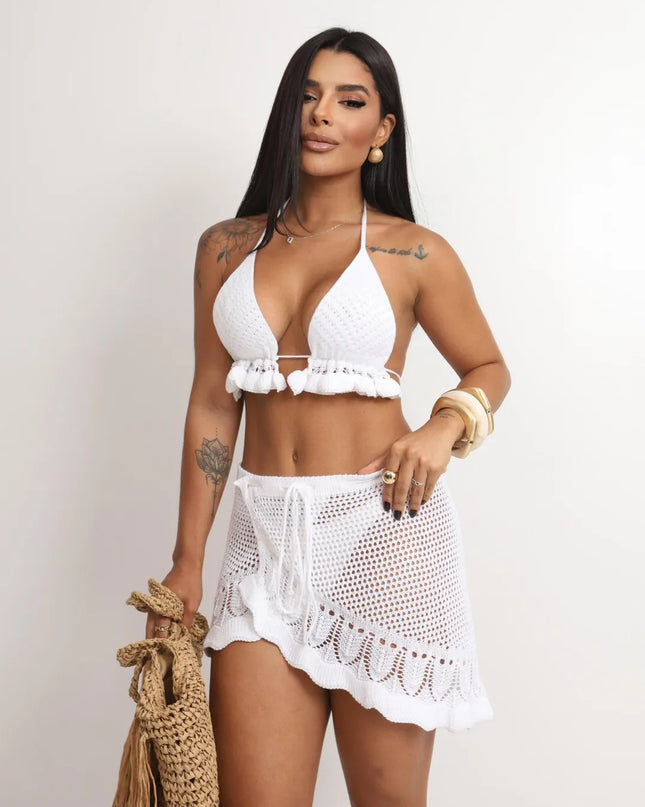 Swim 2 Peças Conjunto de Maiô Bikini Sexy Mulheres Verão Crochê Vazado com Cobertura 340