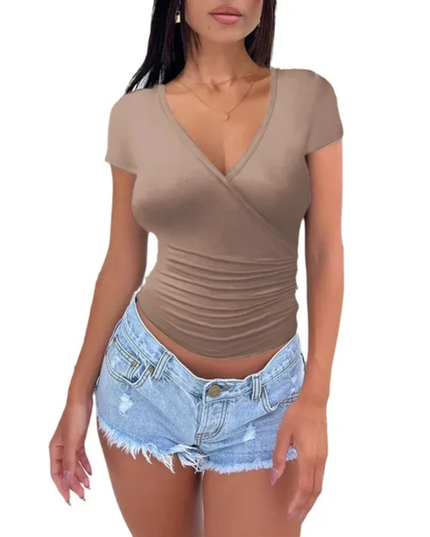 Camiseta Casual Feminina de Manga Curta, Cor Sólida, Verão 130