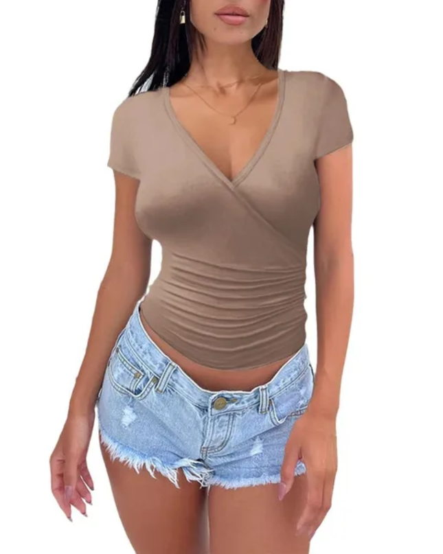 Camiseta Casual Feminina de Manga Curta, Cor Sólida, Verão 130