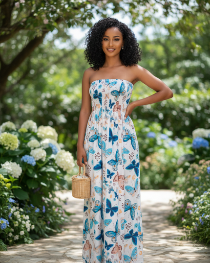 Vestido LONGO Verão Estampado Azul Tomara que Caia Com Elastex 561