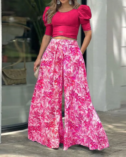 Conjunto Blusa Manga Curta Princesa Blusinha Bufante e calça de perna larga estampada 202