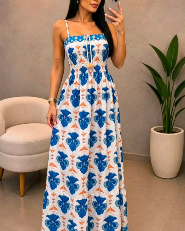 Vestido Longo Feminina  Estampa total  Plantas  Folha    Franzido  Nó  Bainha com babado    Férias  Casamento 558
