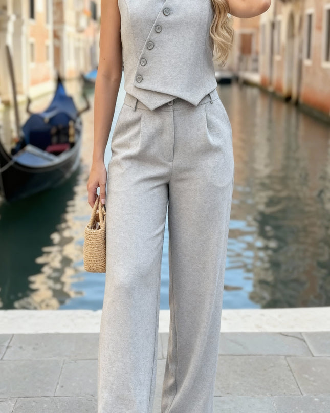 Assimétrico Conjunto Feminino de Duas Peças: Colete com Gola Halter e Calça Longa 57