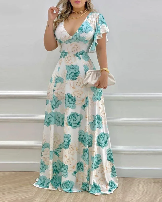 Vestido Longo Floral com Babados e Decote em V para Mulheres, Primavera e Verão. 218