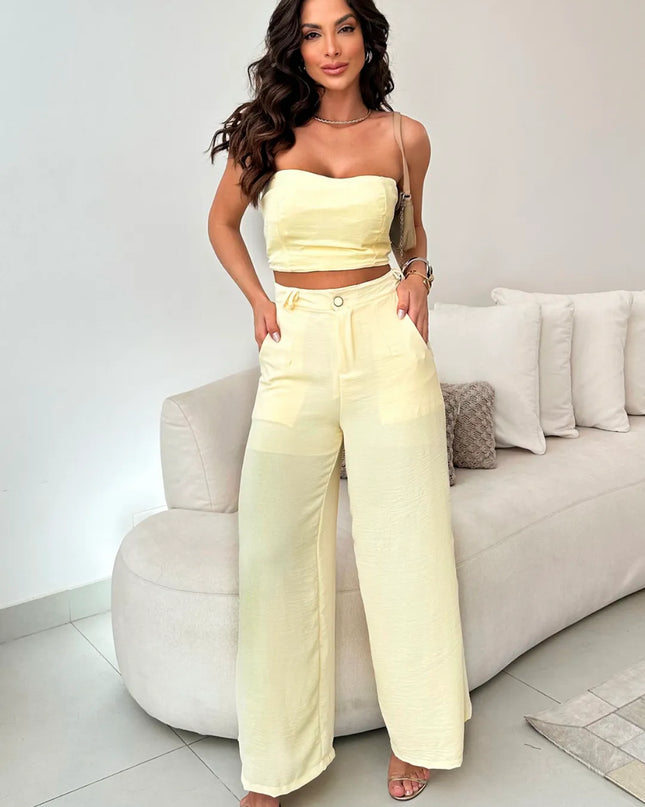 Conjunto Feminino Casual Elegante Calça Pantalona Cintura Alta e Cropped Duna 244