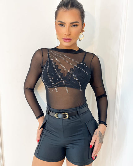 Fantasia/Macacão Sexy e Elegante de Tule com Copo e Missangas, Transparente 575